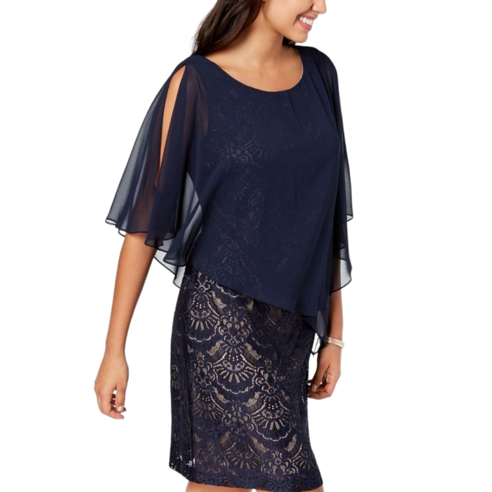 🆕 Connected Apparel Navy Blue & Beige Layered Cocktail Dress 20W